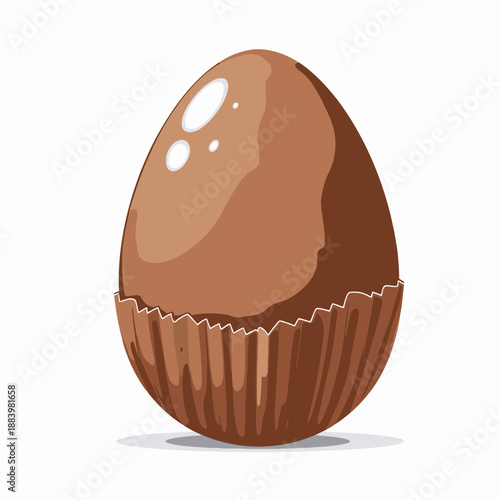 Illustration of a Shiny Chocolate Egg Wrapped in a Crinkled Paper Cup with a Smooth Surface and Glossy Highlights, Symbolizing Sweet Treats and Festive Delights