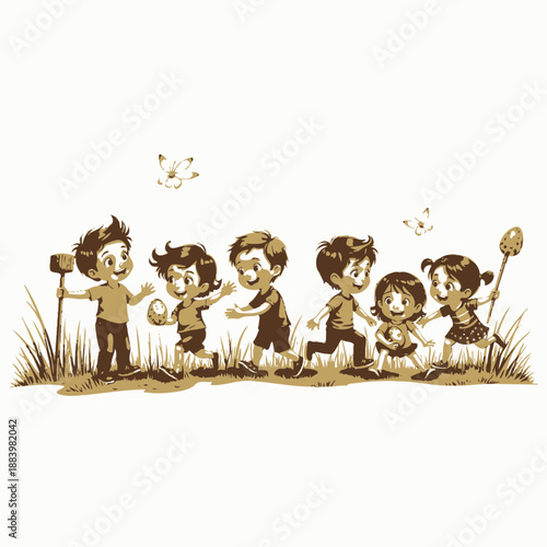 Playful children in colorful attire joyously engage in a lively outdoor game on a grassy field, accompanied by butterflies under a clear sky.