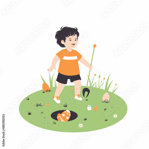 Young Child Joyfully Hunting for Colorful Hidden Eggs in a Sunlit Meadow Using a Handy Stick Near a Hole