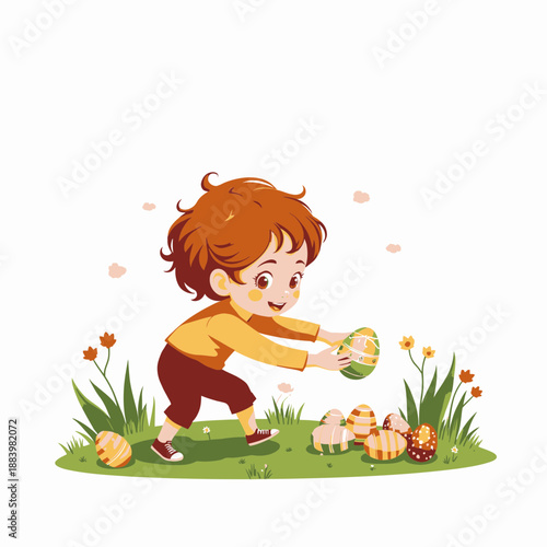 Joyful Child Discovering Colorful Easter Eggs in a Lush Spring Garden Setting with Flowers and Grass