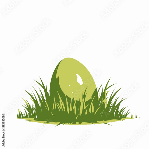 Colorful egg hidden in lush green grass symbolizing spring and new beginnings with vibrant orange and green hues standing out against a bright white background