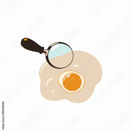 Illustration of Magnifying Glass Examining Fried Egg on White Background Highlighting Culinary Details in Cooking and Food Analysis