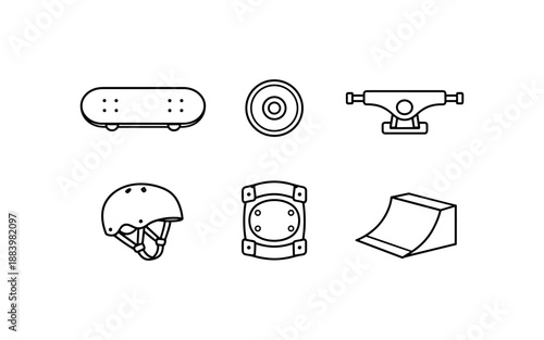 Collection of skateboard equipment icons including deck, wheels, trucks, helmet, pads, and ramp