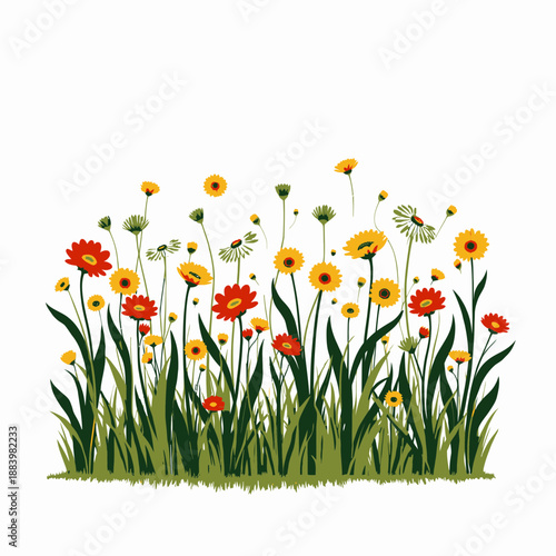 Vibrant Wildflower Meadow with Diverse Blooming Flowers and Lush Green Foliage Under a Clear Blue Sky