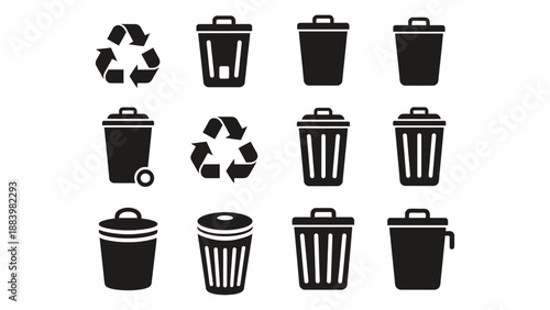 A collection of black trash can and recycling bin icons on a white background