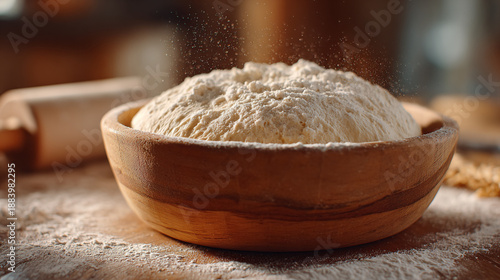 Fresh Homemade Bread Dough Rising in a Rustic Wooden Bowl with Flour Dusting.