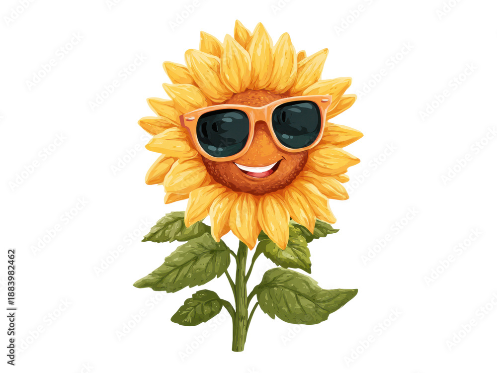Fototapeta premium Cheerful cartoon sunflower wearing orange sunglasses and smiling yellow green, Isolated, Png Transparent Background