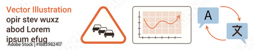Traffic management, data analysis, multilingual communication, information visualization, global navigation, language services. Traffic sign, graph and speech bubbles with translation icon. Traffic