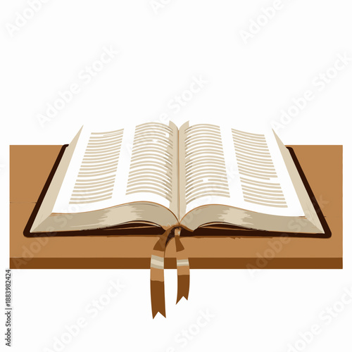 Illustration of an Opened Book on a Wooden Table with Bookmarks Displaying Text Rows and Ribbon Markers Symbolizing Knowledge and Learning