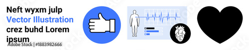 Social media, healthcare, user interface, cardiology, technology, engagement. Heartbeat chart, heart symbol thumbs up icon with minimal user interface. Social media and healthcare concept