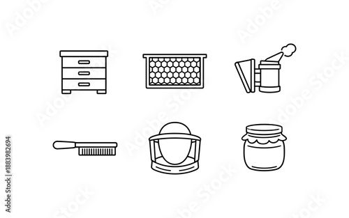 Collection of beekeeping equipment icons, including a hive, honeycomb, smoker, brush, veil, and jar
