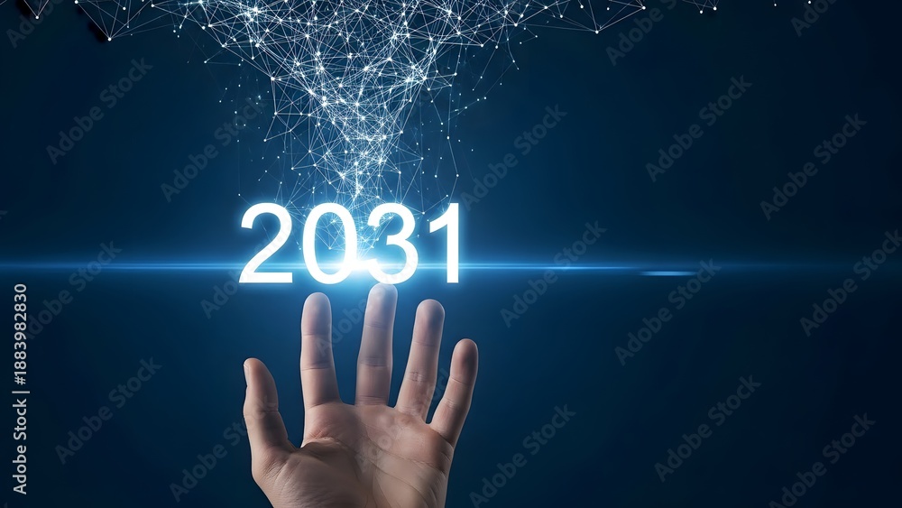 Obraz premium Hand reaching towards the year 2031 displayed in glowing futuristic text against a cosmic background