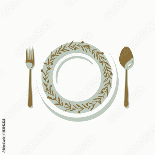 Elegant Dining Table Setting with Festive Decorated Plate and Simple Cutlery Arrangement