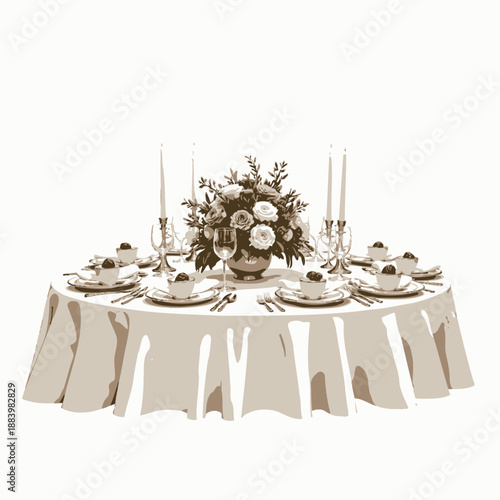 Elegant round table set for a formal dining event with fine china, floral centerpiece, tall candles, and delicate cutlery, creating a sophisticated atmosphere.