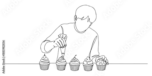 Continuous one line of a person decorating cupcakes with icing, representing creativity, sweetness, and joy, drawn vector illustration.