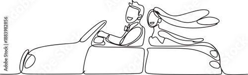 Single one line drawing newly married couple groom in vehicle. Happy man and woman riding wedding car. Married couple romantic relationship. one line Icon drawing