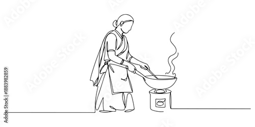 Continuous one line of a person cooking with a wok, symbolizing flavor, energy, and culture, drawn vector illustration.