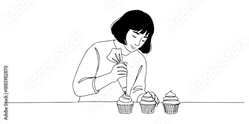 Continuous one line of a person decorating cupcakes with icing, representing creativity, sweetness, and joy, drawn vector illustration.