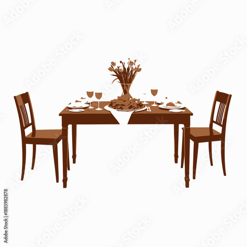 Elegant Dining Setup with Floral Centerpiece and Culinary Delights on a Wooden Table for a Cozy Two-Person Meal Experience