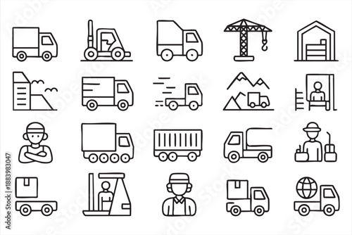 Delivery Truck And Cargo Handling Line Icons