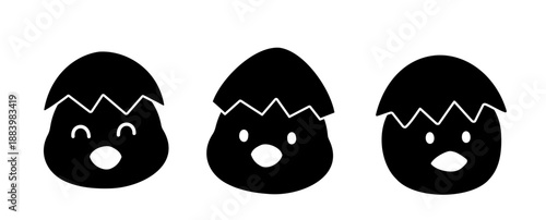 Cute Easter chick head silhouette vector set.
Silhouette of  chick's face with an eggshell on its head.
Easter chick icon collection.
Spring Holiday chick head.
Transparent background. SVG.