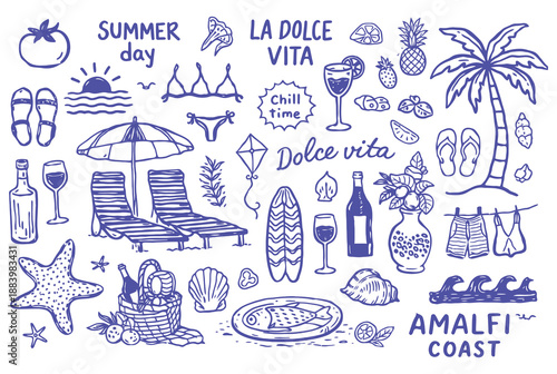 Hand Drawn Summer Beach Doodle Vector Set with La Dolce Vita Quotes, Amalfi Coast Elements, Seashells, Flip Flops, Palm Trees, Surfboards, and Coastal Vacation Icons