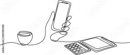 Single continuous line drawing of hand holding smartphone and a cup of coffee beside calculator and tablet on desk. Office equipment concept. one line Icon drawing