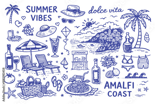 Hand Drawn Summer Beach Doodle Vector Set with La Dolce Vita Quotes, Amalfi Coast Elements, Seashells, Flip Flops, Palm Trees, Surfboards, and Coastal Vacation Icons