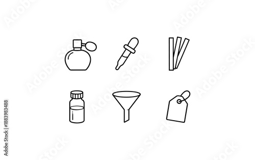 Set of icons representing perfume making and fragrance creation tools