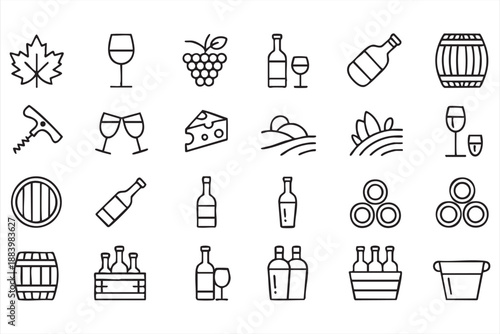Wine Vineyard And Winery Icons For Winemaking And Tasting