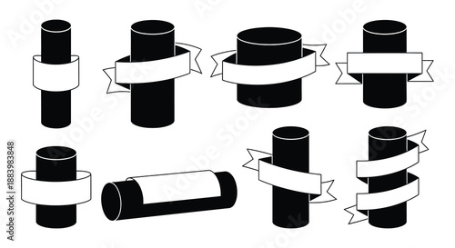 Black and white patterned cups with ribbon banners a graphic illustration