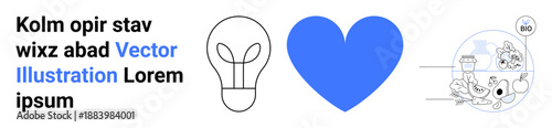 Innovation, creativity, love, design, art, messaging. Minimalist lightbulb, blue heart and playful cartoon-style illustration. Innovation and creativity concept in a modern layout