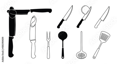 Black and white illustration of various kitchen utensils and cutlery items