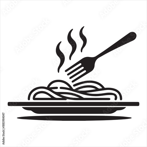 Simple black and white icon of steaming spaghetti on a plate with a fork