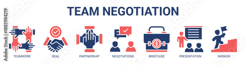 Team Negotiation web banner icon vector illustration concept with icon of Teamwork, Deal, Partnership, Negotiations, Briefcase, Presentation, Mission.