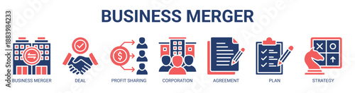 Business Merger web banner icon vector illustration concept with icon of Business merger, Deal, Profit sharing, Corporation, Agreement, Plan, Strategy.