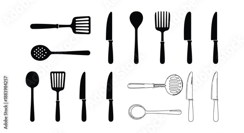 Black and white illustration of various kitchen utensils and cutlery items