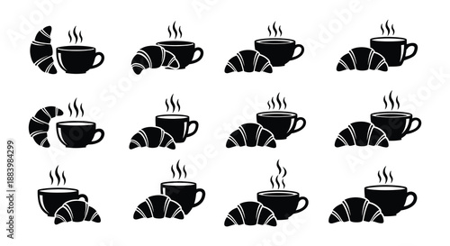 A delightful arrangement of coffee cups and croissants in a repeating pattern