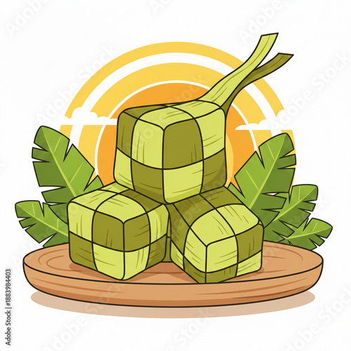 Indonesian ketupat illustration for Eid Mubarak. Traditional rice cake on wooden plate with banana leaves and sunset background. Vector flat design for Hari Raya Aidilfitri celebration