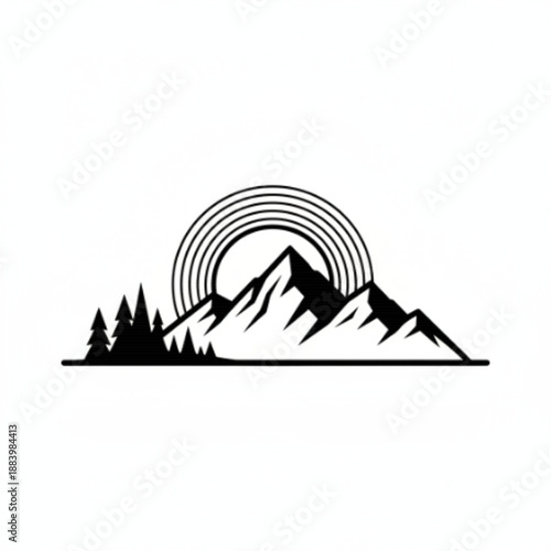 Mountain Sunset Graphic with Pine Trees Silhouette