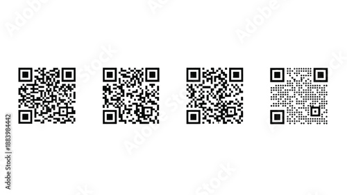 A row of four black and white QR codes on a plain white background