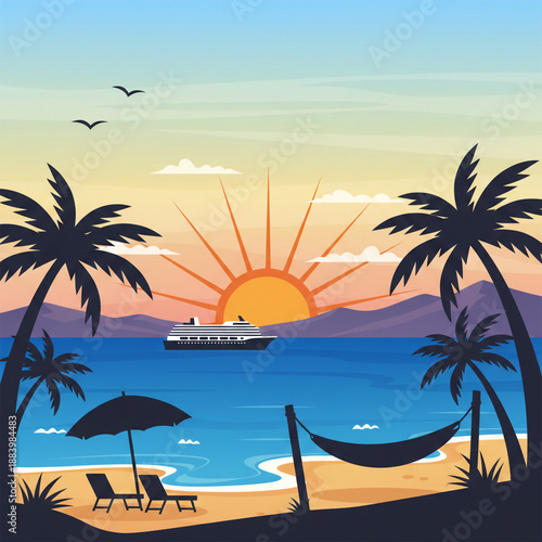 Flat design tropical beach sunset with cruise ship, palm trees and hammock. Abstract summer vacation landscape with ocean waves, beach chairs and geometric sun illustration