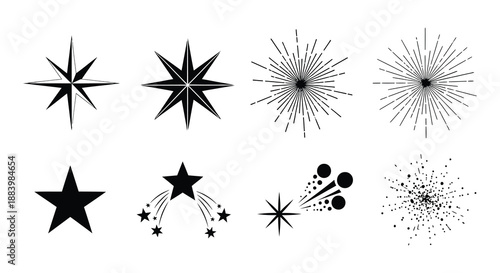 Collection of abstract starburst and sparkle graphic elements in black and white