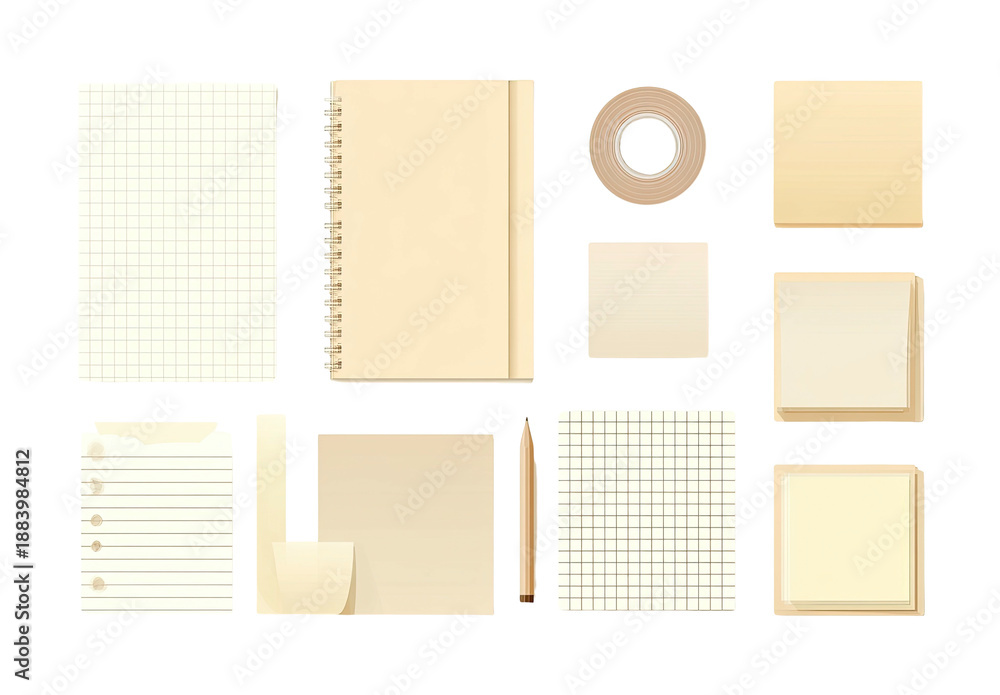Fototapeta premium Collection of stationery essentials pads, tape, spiral notebook, pencil