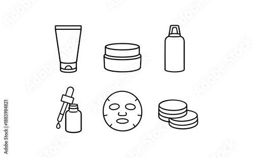 Collection of simple line art icons representing various skincare and beauty products