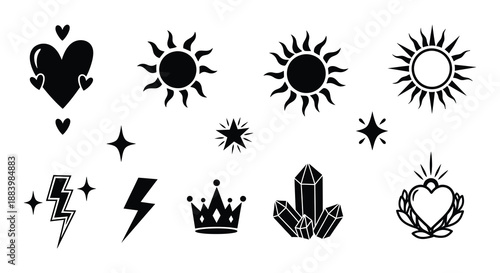Black and white collection of celestial magical and symbolic graphic elements