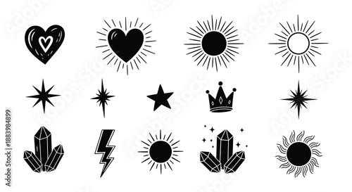 Black and white collection of celestial magical and symbolic graphic elements