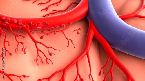 Detailed illustration of blood vessels and capillaries in the human body.