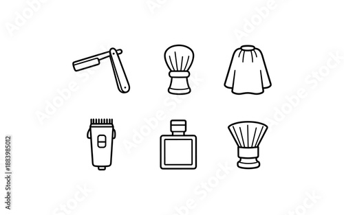 Collection of barber shop tools and accessories in a simple line art style