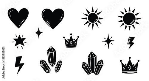 Black and white collection of celestial magical and symbolic graphic elements